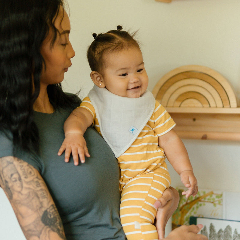 Little Unicorn Cotton Muslin + Fleece Bandana Bib 4 Pack - Mauve Stripe with adjustable snaps, modern and durable bibs for baby.