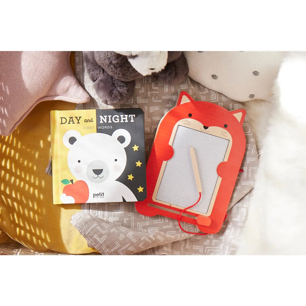 petite collage drawing board fox friend with book