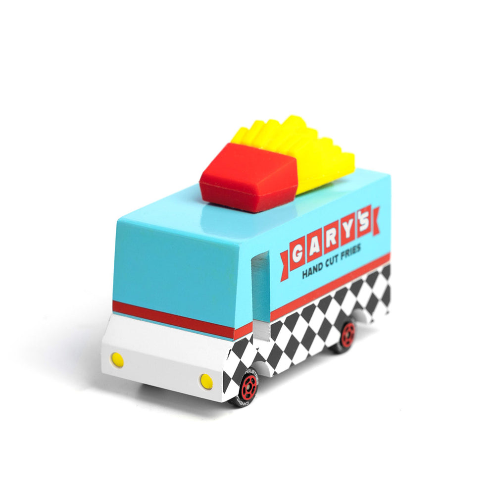 Candylab French fry van, a quirky wooden food truck toy for children.