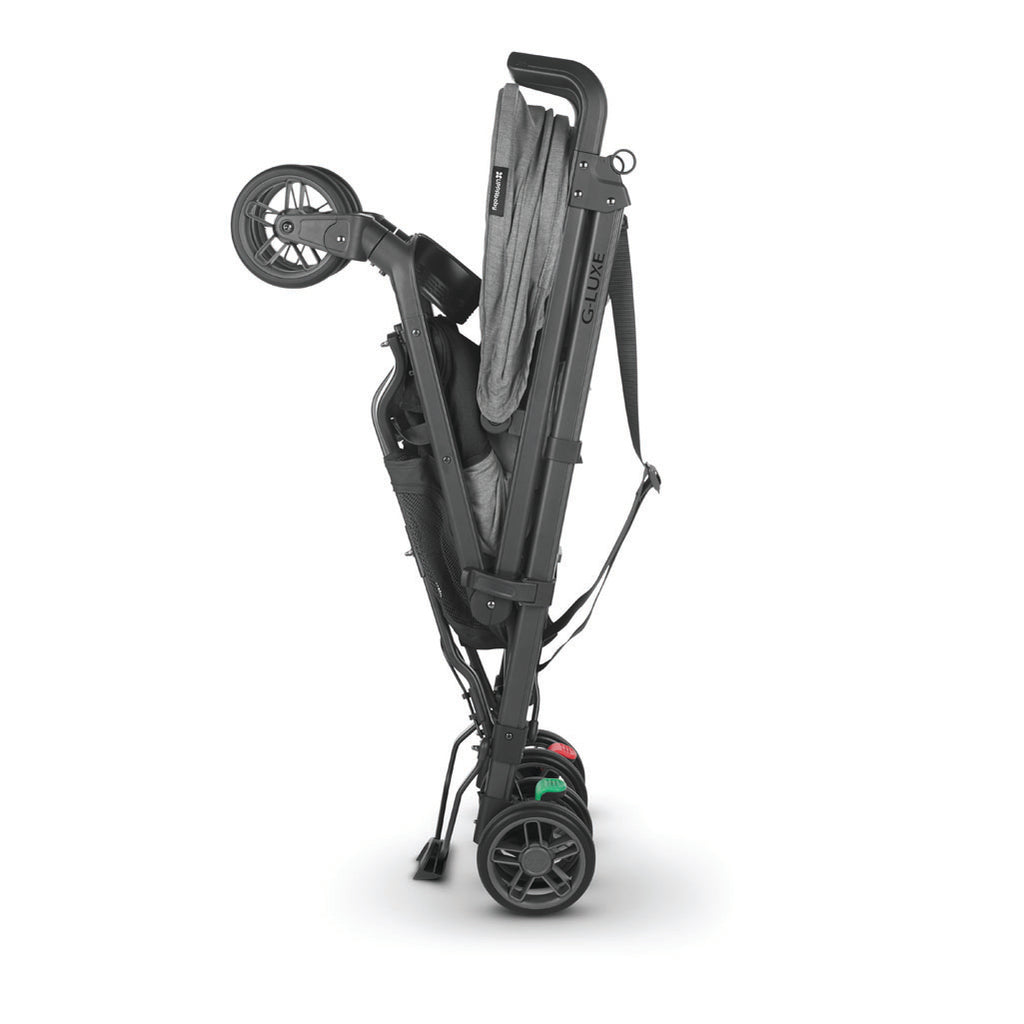Folded Gluxe stroller by Uppababy in the color Greyson