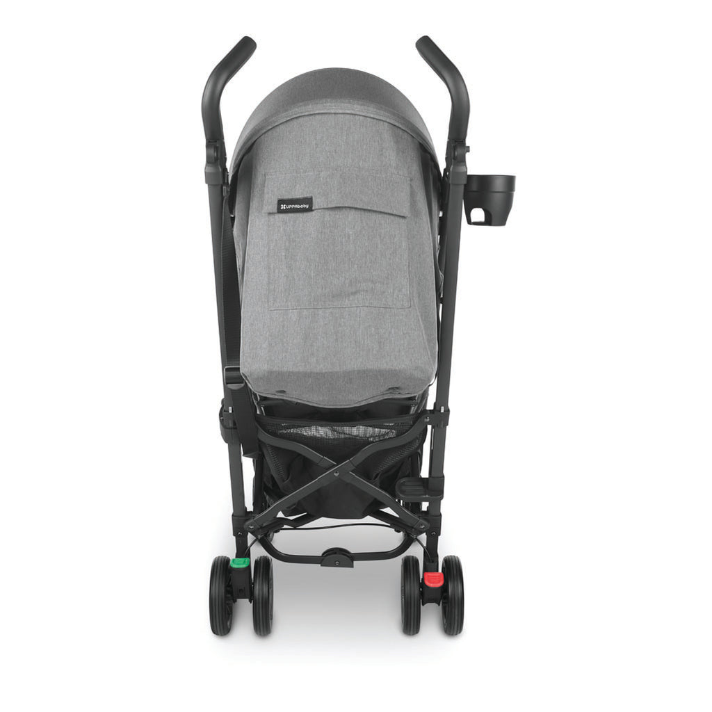 Rearview of the Uppababy gluxe compact stroller in the color greyson