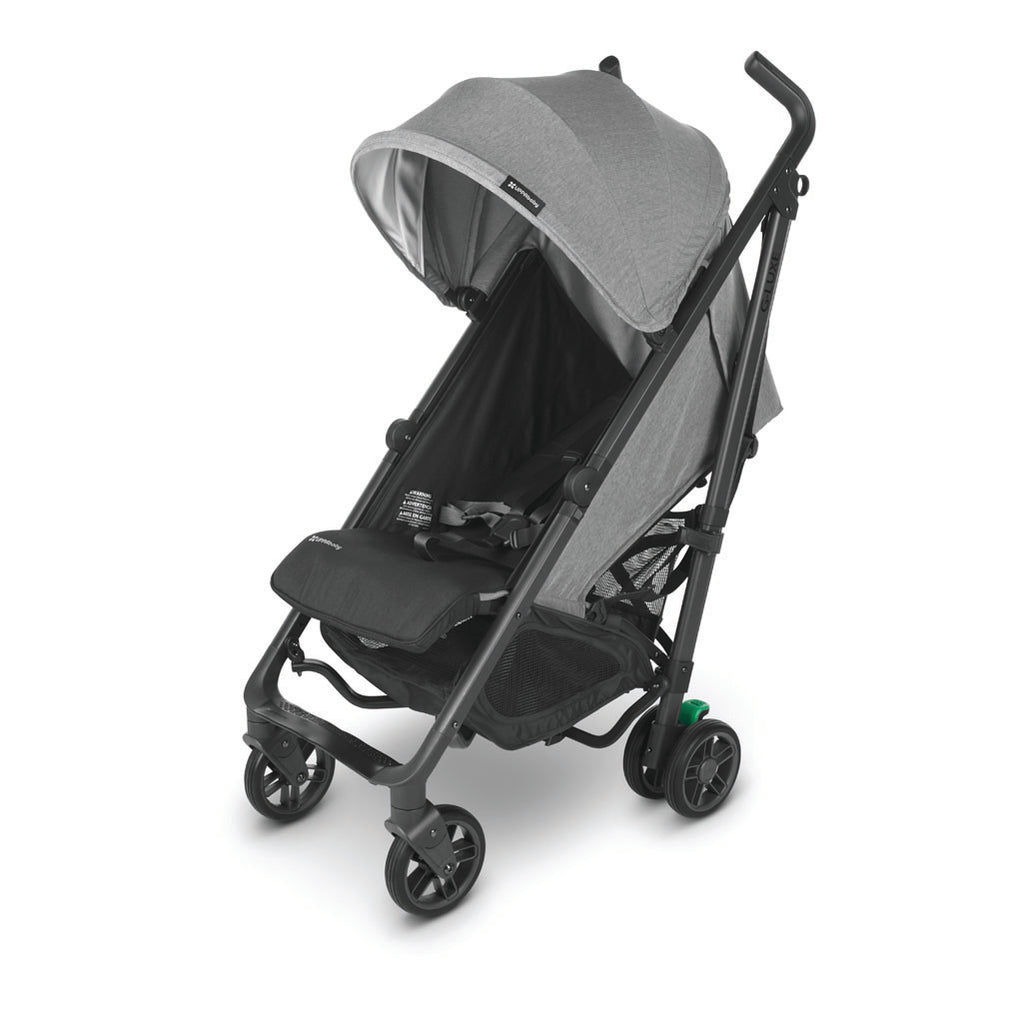 Side view of the Gluxe stroller by uppababy in the color greyson