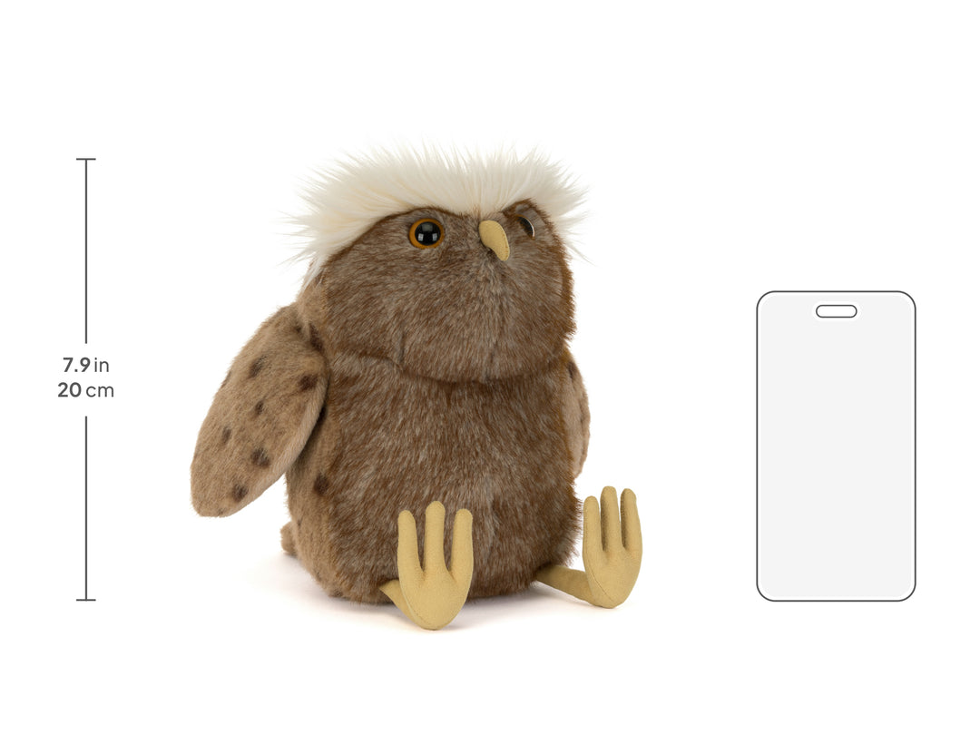 Jellycat Tawoola Owl size chart comparing the 9.4in owl plush toy to a typical phone