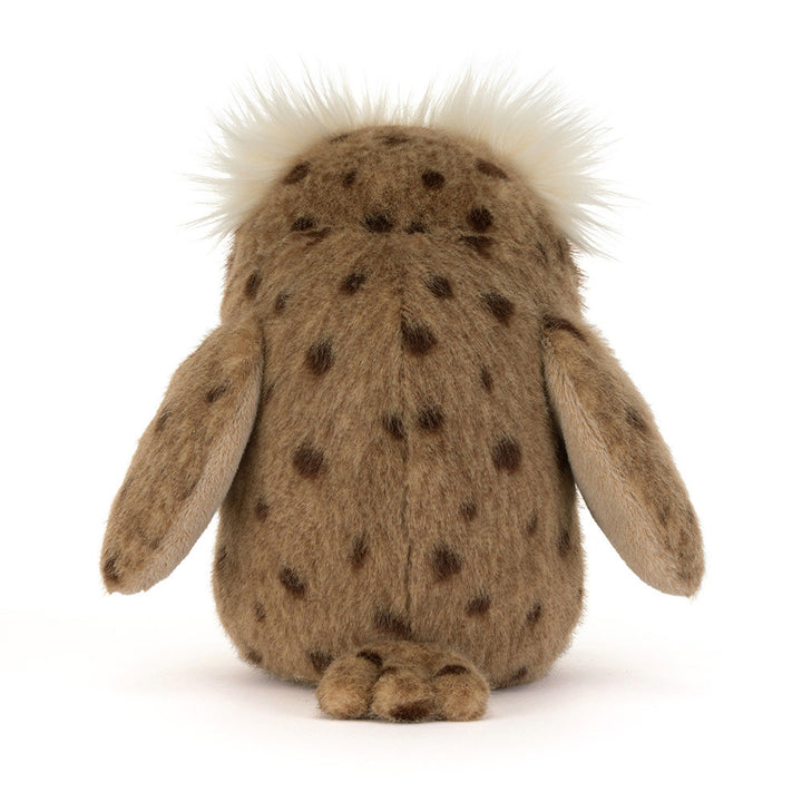 Back view of the Jellycat Tawoola Owl showing her spotted brown wings, a cuddly owl stuffed toy