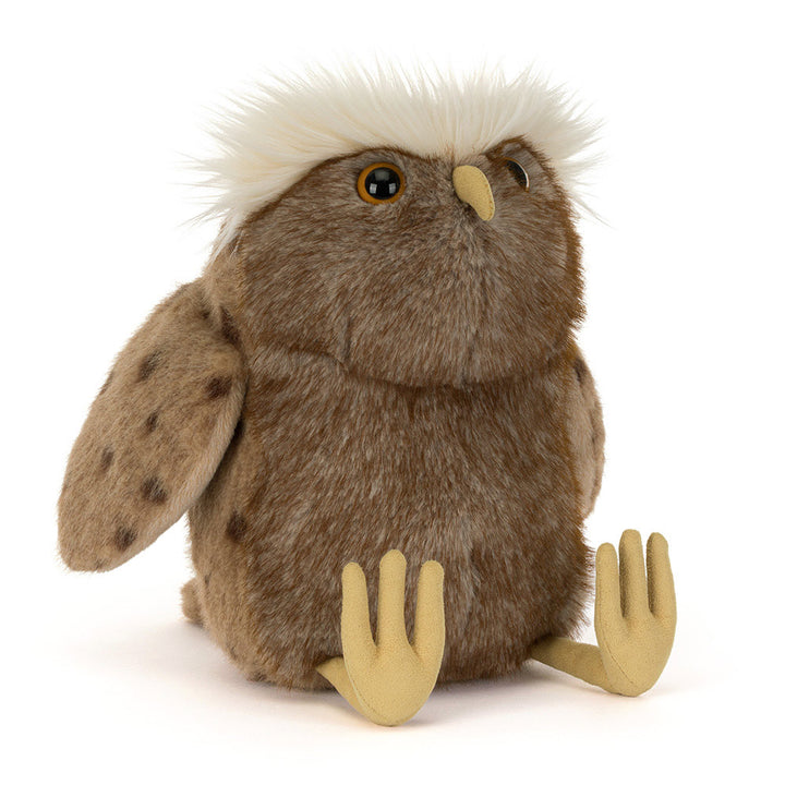 Jellycat Tawoola Owl plush, a speckled brown owl stuffed animal with a fluffy white crest and yellow feet