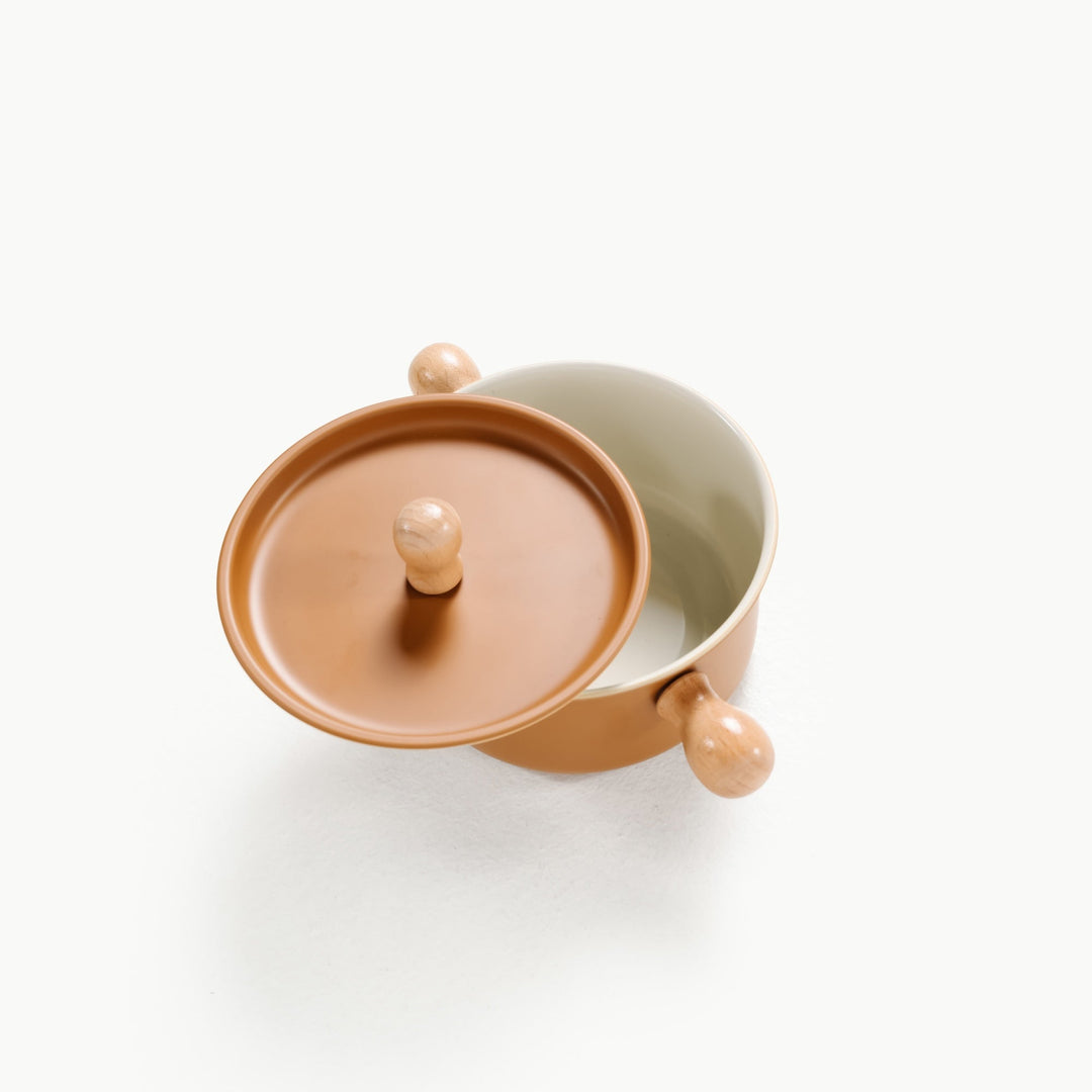 Metal play stock pot and pan nested together, part of the Gathre Play Cooking Set