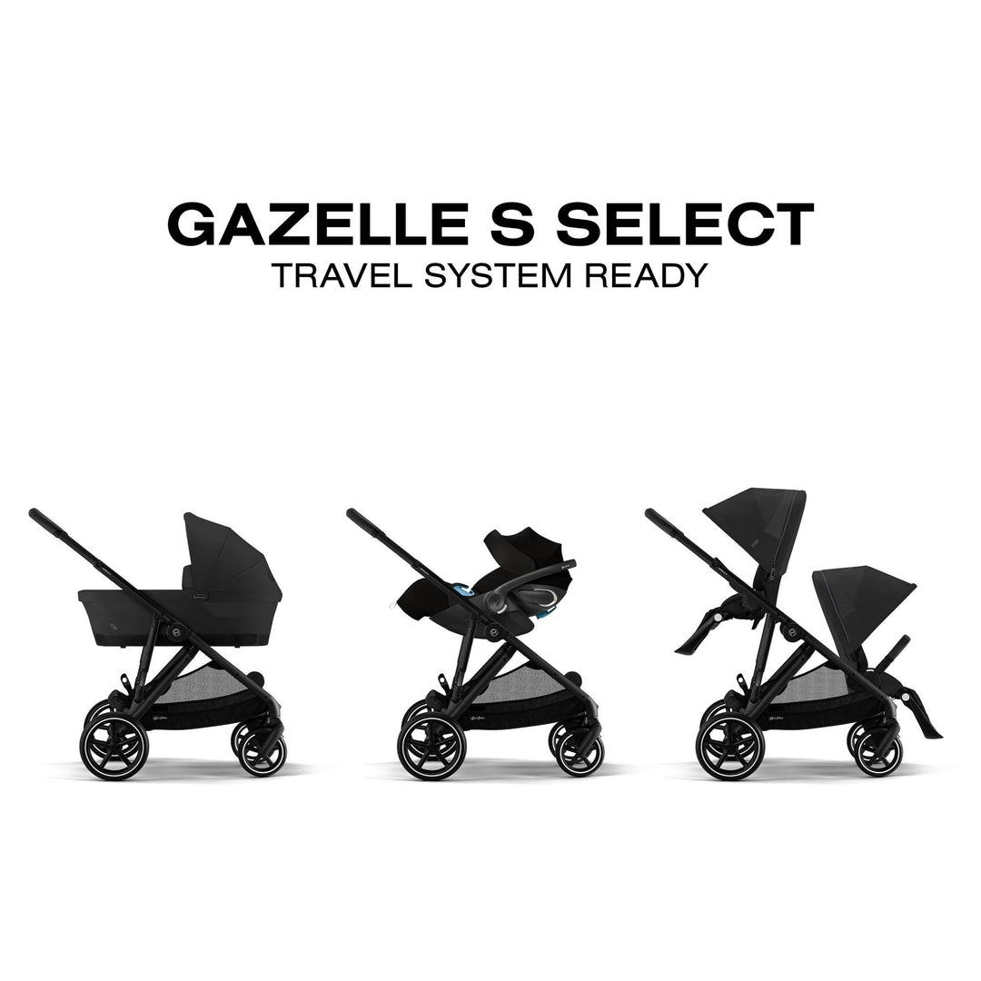Gazelle S Select Moon Black configurations, CYBEX single-to-double stroller system