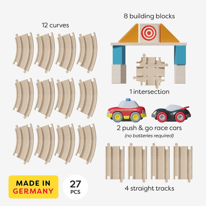 Exciting racing action comes alive with HABA Cars - My First Racetrack, a kid-friendly wooden toy.