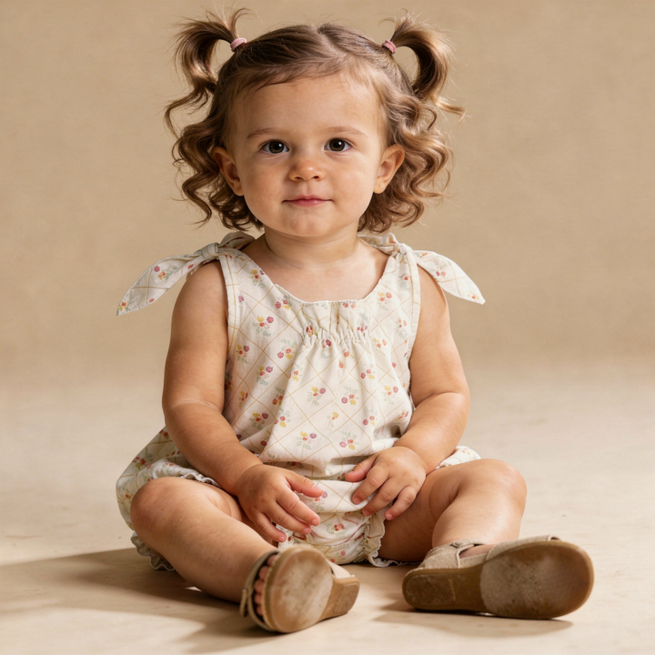 MakeMake Organics Spring Weave Tie Shoulder Bubble Romper hanger shot - woven organic cotton