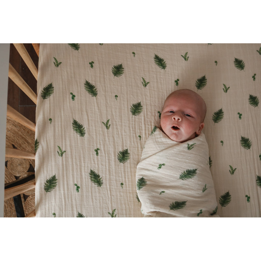 House of Elia organic cotton muslin crib fitted sheet in fern pattern, premium organic crib sheets