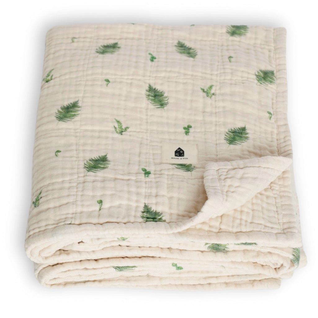 House of Elia organic cotton muslin quilt in fern, ultra-soft and breathable baby bedding