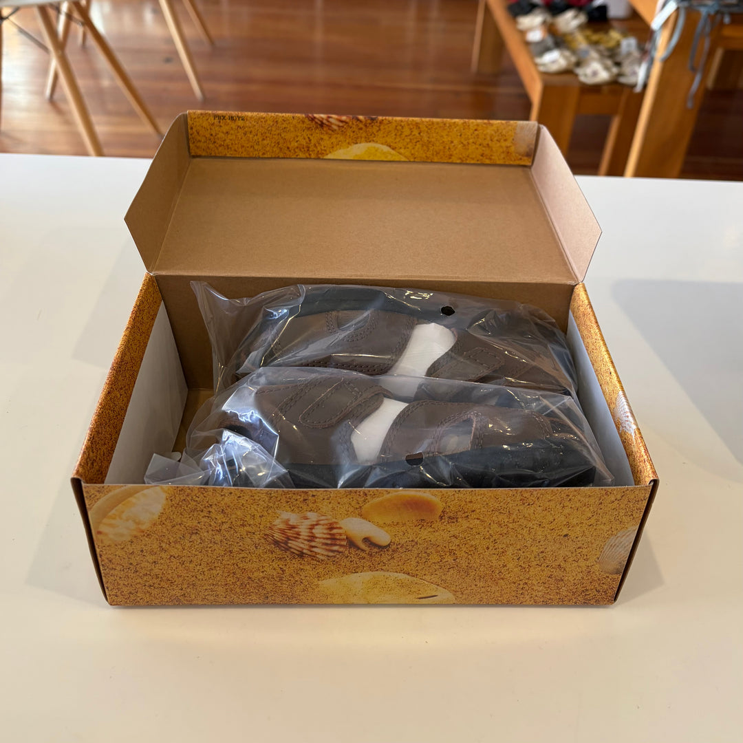 Brand new brown Shark II Salt Water Sandals by Sun San, in the original seashell print shoe box