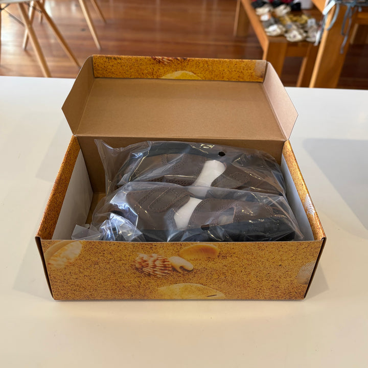 Brand new brown Shark II Salt Water Sandals by Sun San, in the original seashell print shoe box