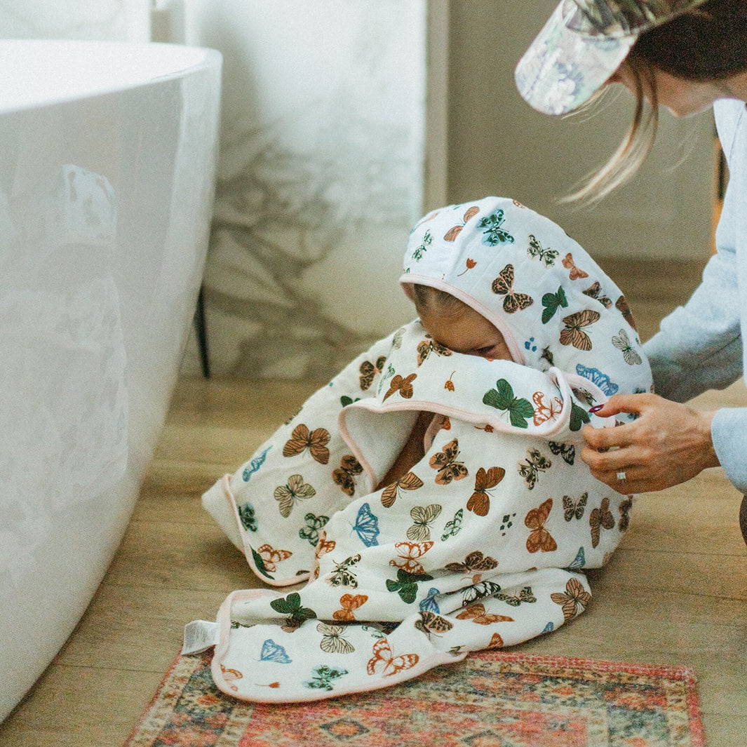 Soft baby towel with hood by Little Unicorn, Toddler Hooded Towel - Butterflies, perfect for post-bath snuggles