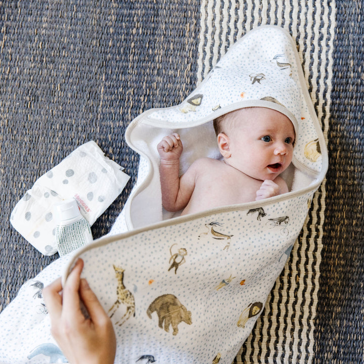 Hooded towels for babies by Little Unicorn, Infant Hooded Towel - Party Animals, soft and absorbent for bath time