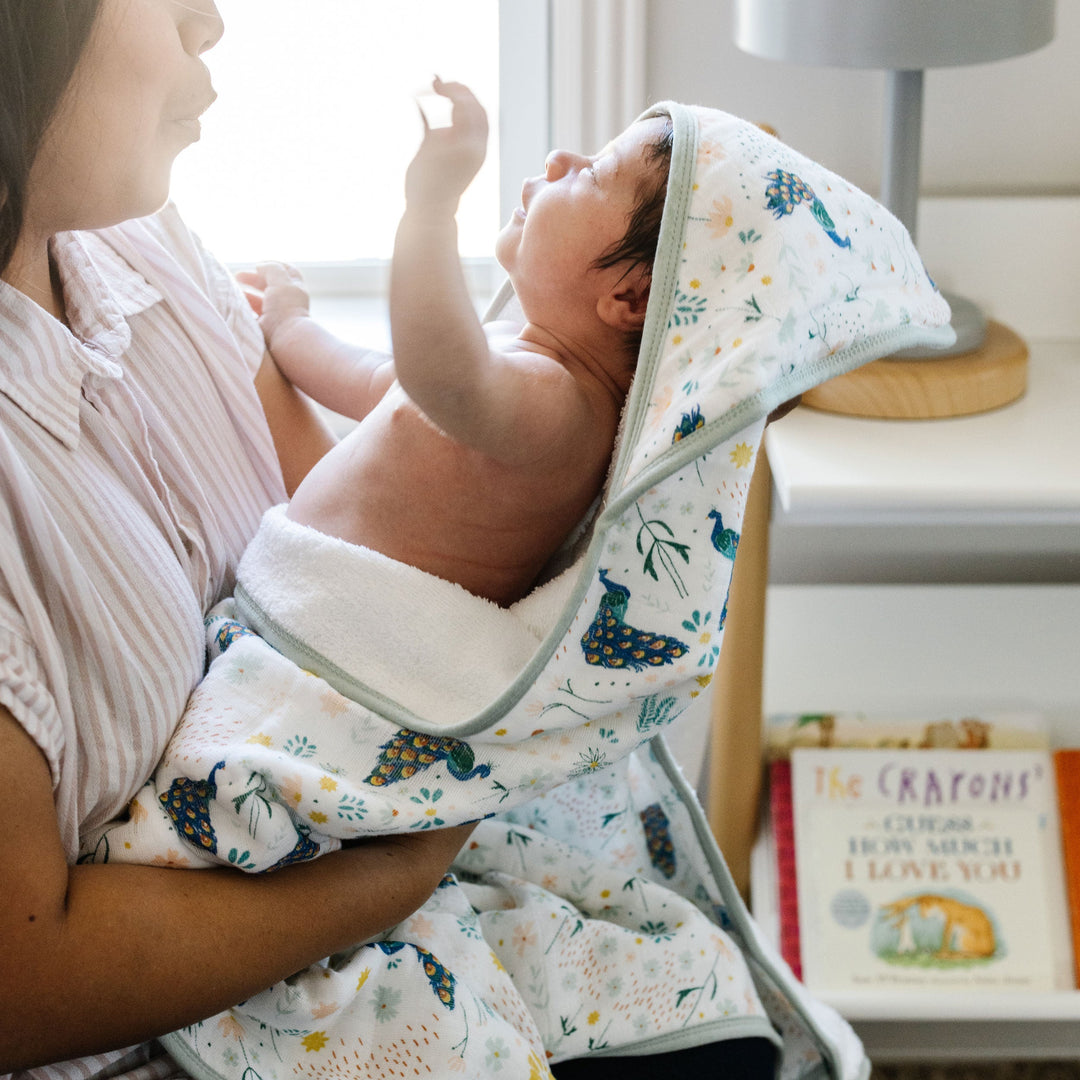 Soft baby towel with hood by Little Unicorn, Infant Hooded Towel - Peacock, ideal for post-bath snuggles