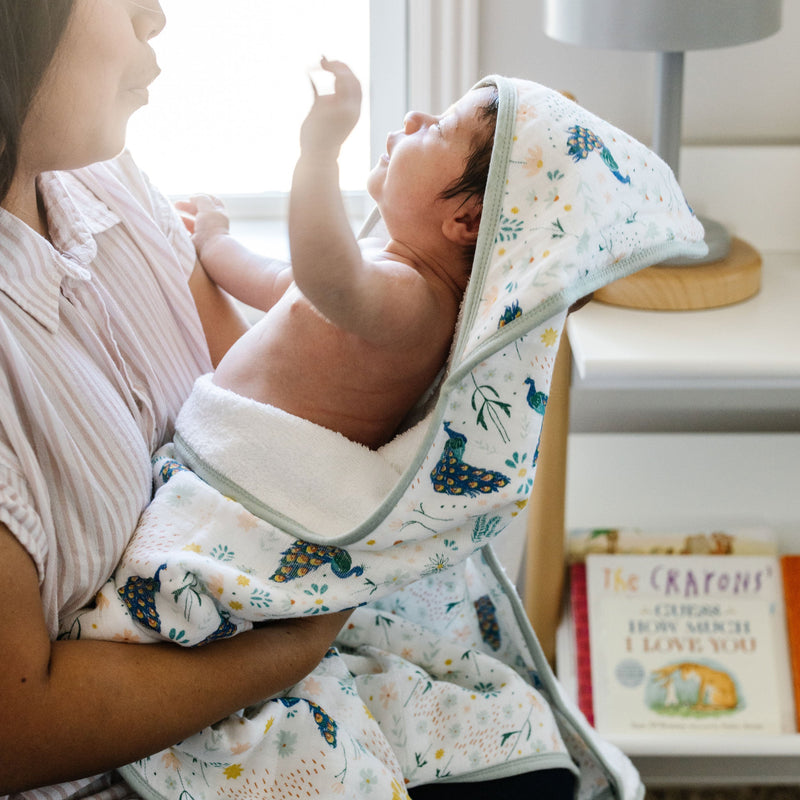 Soft baby towel with hood by Little Unicorn, Infant Hooded Towel - Peacock, ideal for post-bath snuggles