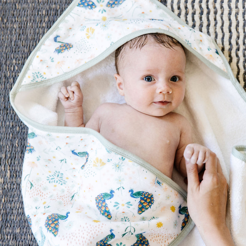 Little Unicorn Infant Hooded Towel - Peacock featuring bright peacock motif, hooded baby towel for newborn comfort