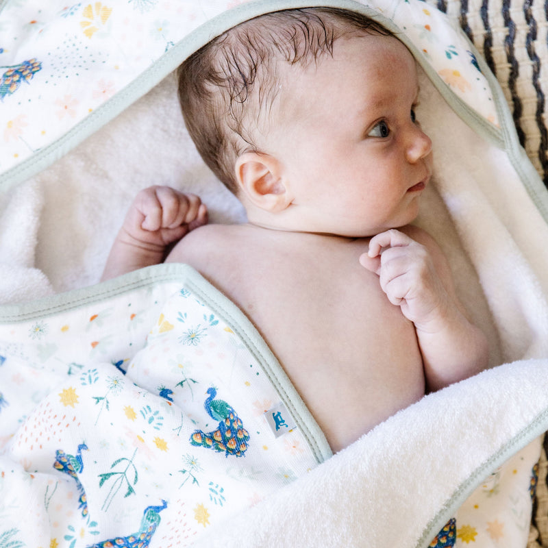 Little Unicorn Infant Hooded Towel - Peacock with elegant feather pattern, baby bath towels for cozy post-bath drying