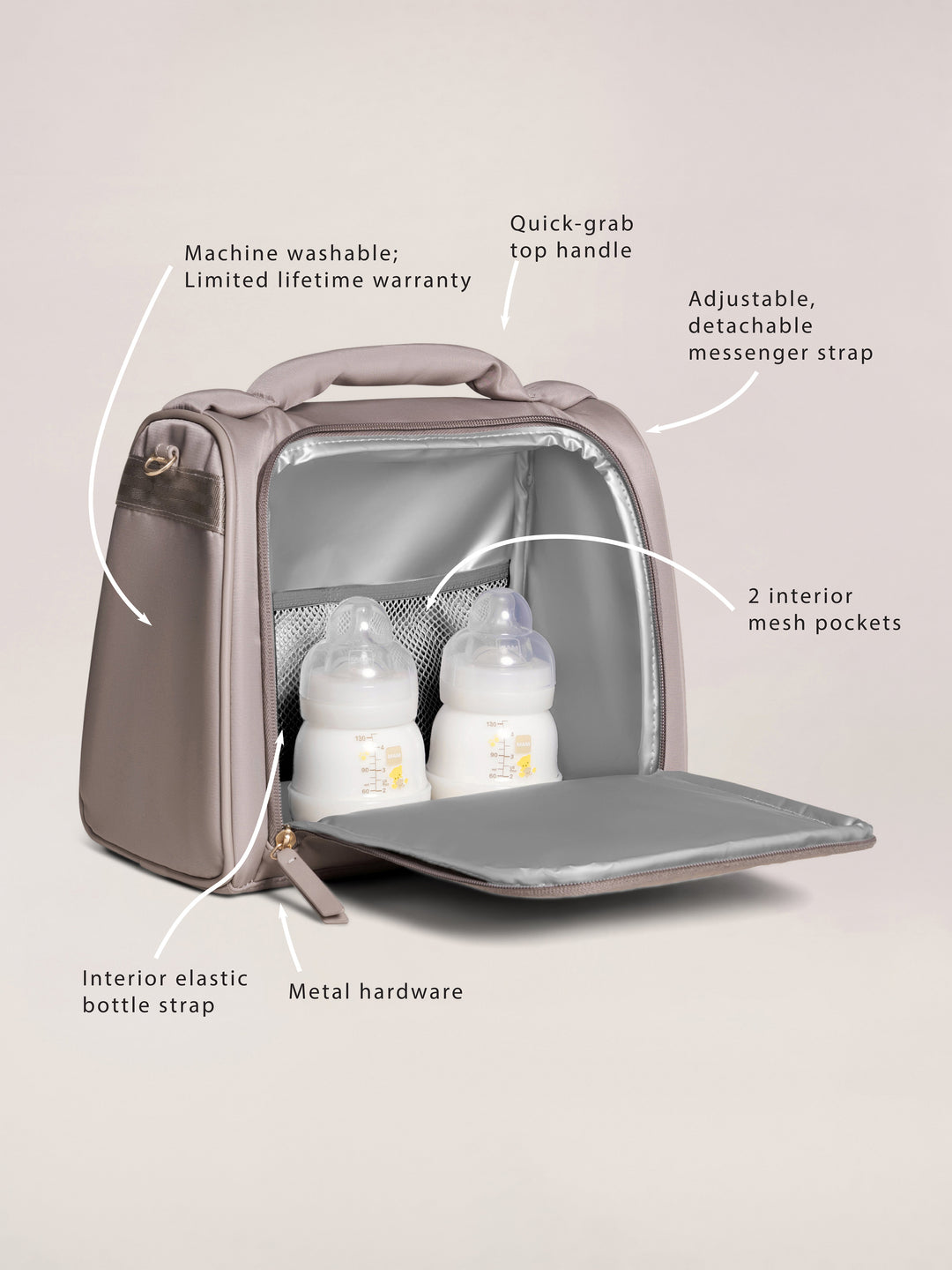 Spacious JuJuBe Insulated Bottle Bag in Taupe holding three tall bottles and snacks with exterior slip pocket