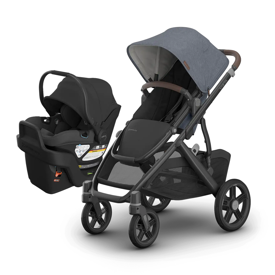 UPPAbaby Vista V3 Julian with Aria V2 Jake — dusty blue stroller and black infant car seat travel system