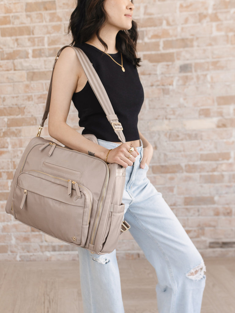 Stylish and chic JuJuBe Diaper Satchel Bag in Taupe with a modern sophisticated design