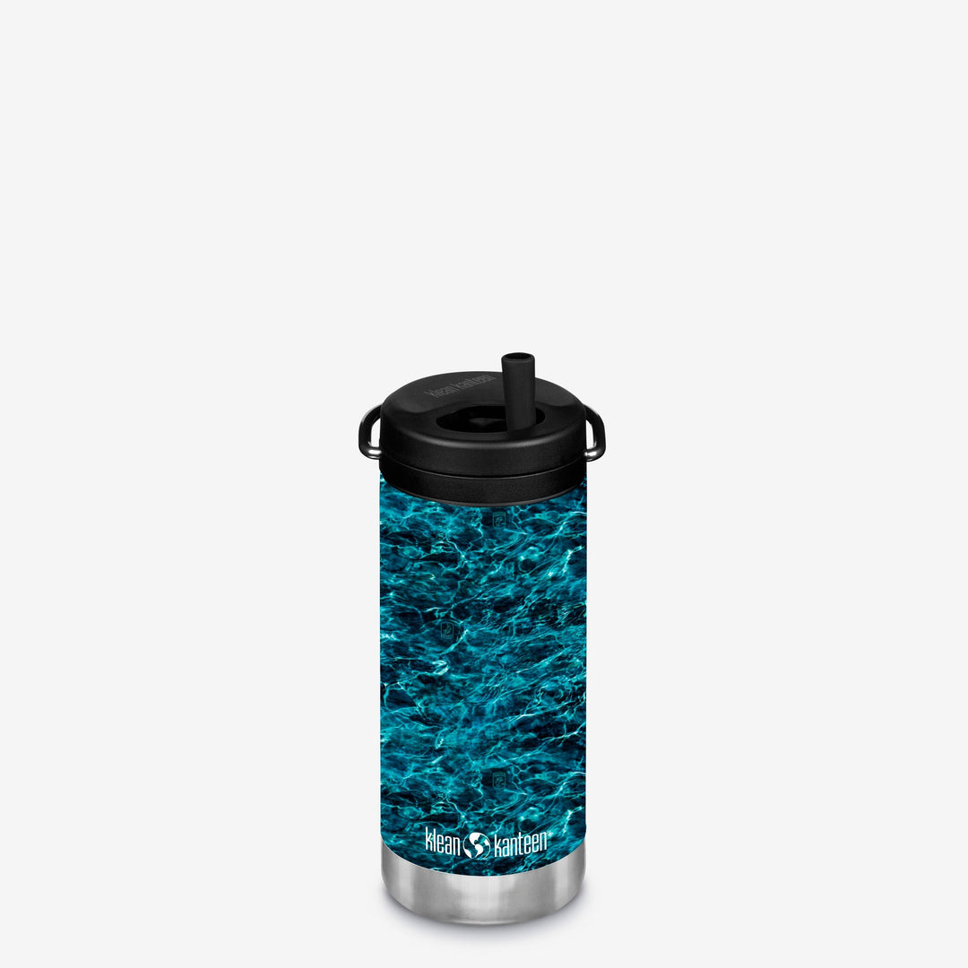 Klean Kanteen 12oz TKWide with Mossy Oak Twist Cap in Bass, featuring leak proof twist cap and insulated stainless steel design.