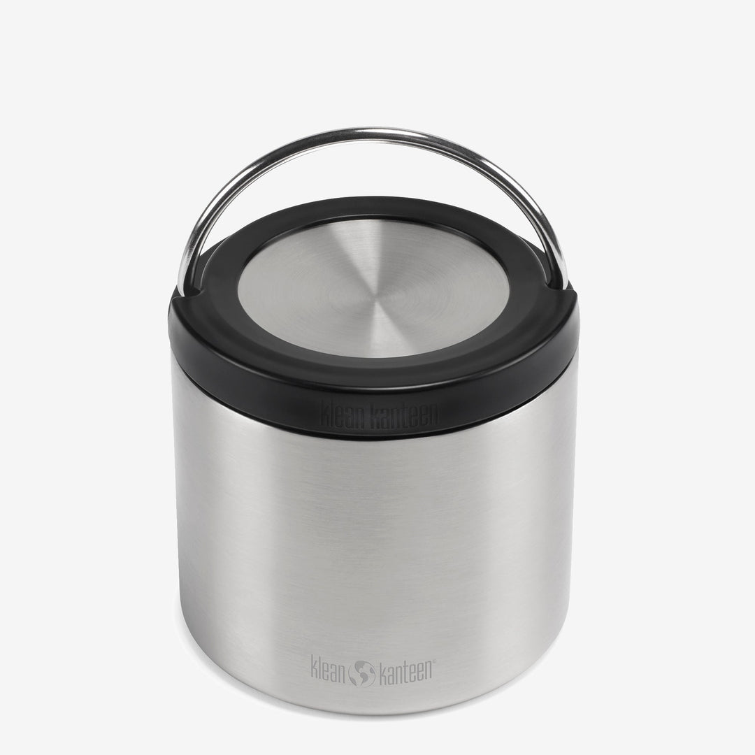 Close-up of Klean Kanteen 16oz TKCanister Food Container in Brushed Stainless highlighting durable metal body and modern design