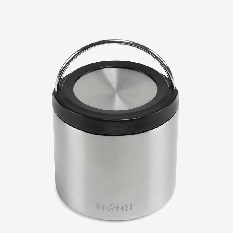 Close-up of Klean Kanteen 16oz TKCanister Food Container in Brushed Stainless highlighting durable metal body and modern design