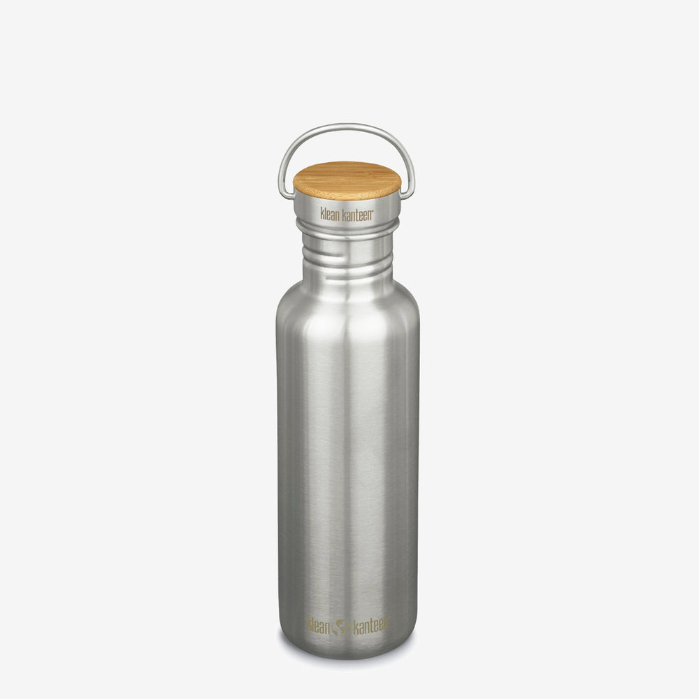 Front view of Klean Kanteen 27oz Reflect with Bamboo Cap in Brushed Stainless, featuring non toxic materials