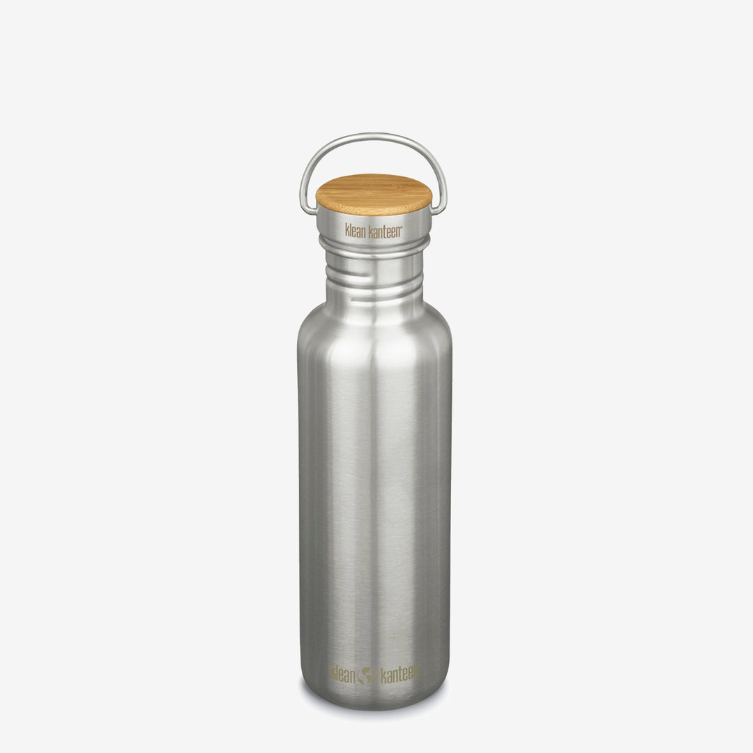 Front view of Klean Kanteen 27oz Reflect with Bamboo Cap in Brushed Stainless, featuring non toxic materials