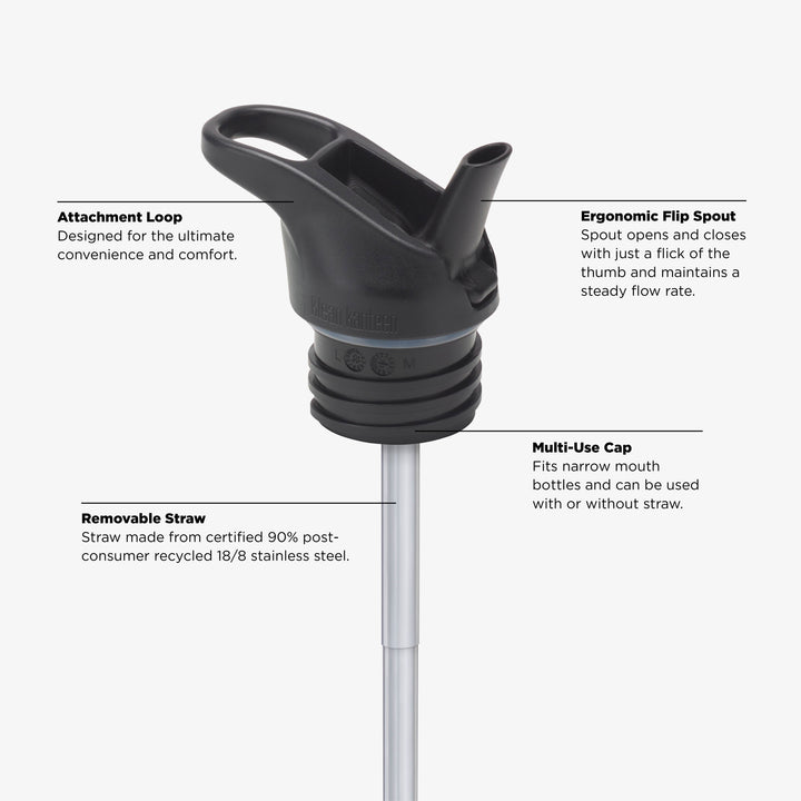 Diagram of Klean Kanteen 18oz Classic with Flip Seal Sport Cap, showing leak proof design and insulated performance