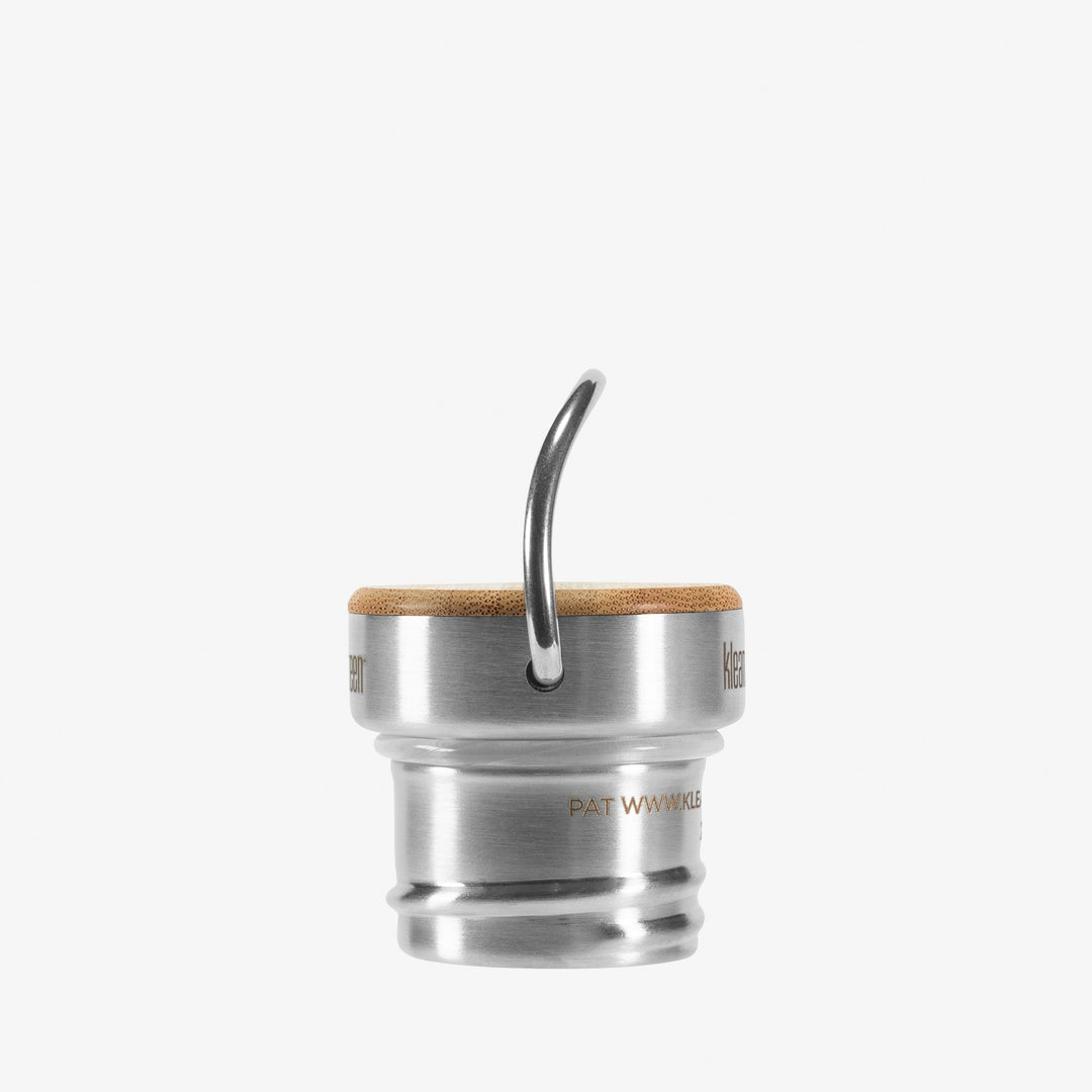 Side angle of Klean Kanteen 27oz Reflect with Bamboo Cap in Brushed Stainless, emphasizing easy to clean stainless steel