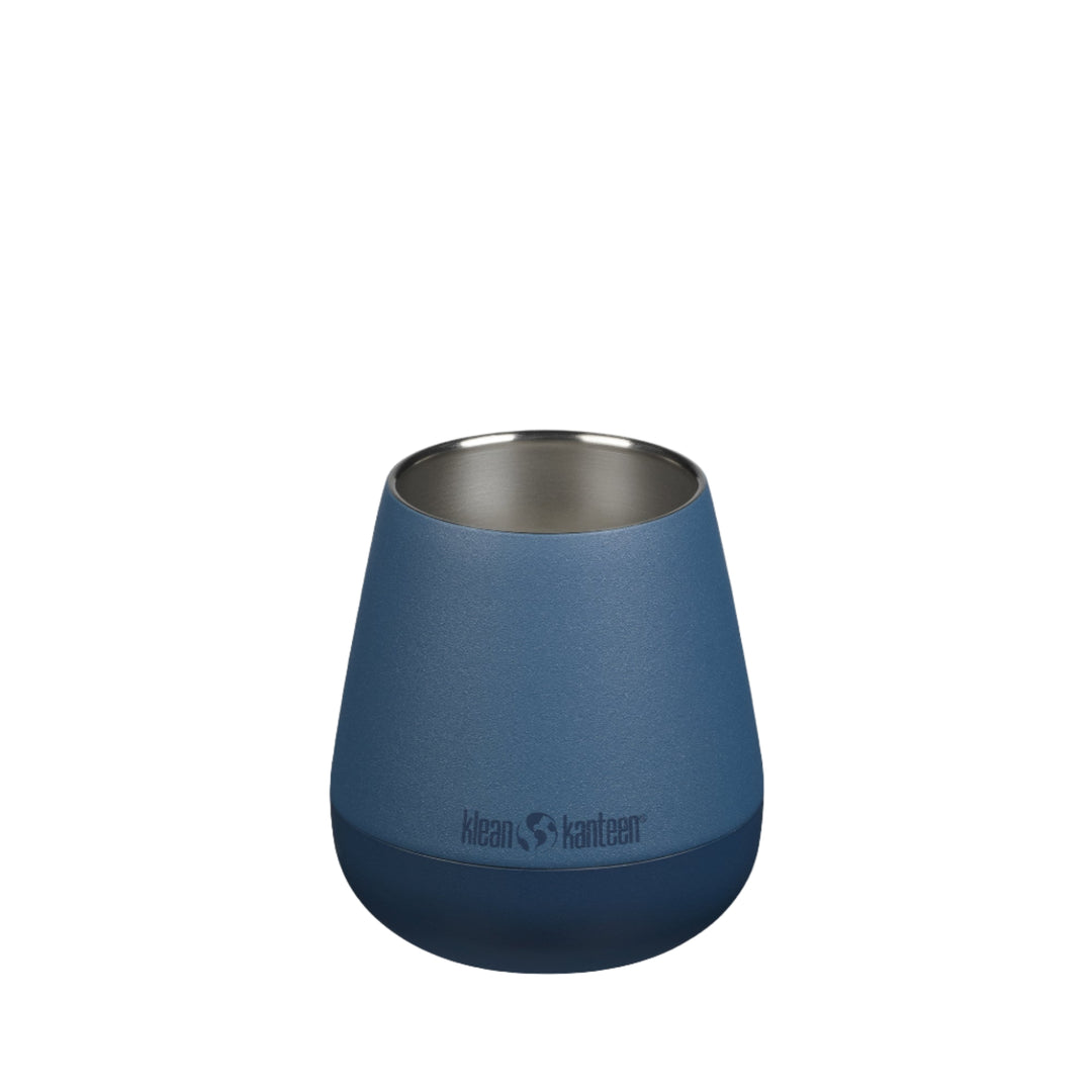 Outdoor Klean Kanteen 10oz Rise Wine Tumbler in Stellar blue, featuring leak proof lid and stainless steel build