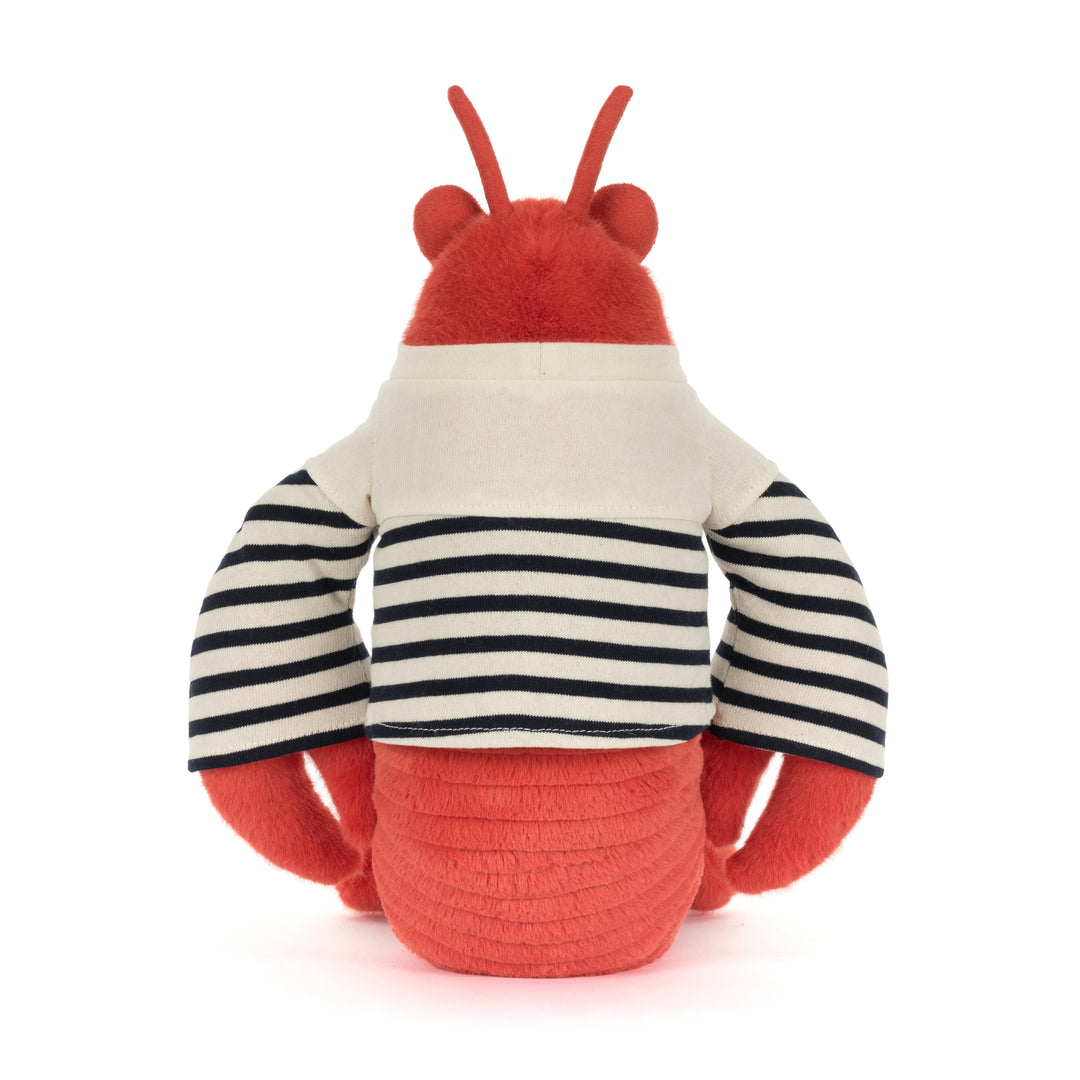 Jellycat Larry Lobster Sailor Outfit side view -- soft polyester and cotton lobster plush 11in, removable nautical costume, funny ocean animal gift for beach lovers