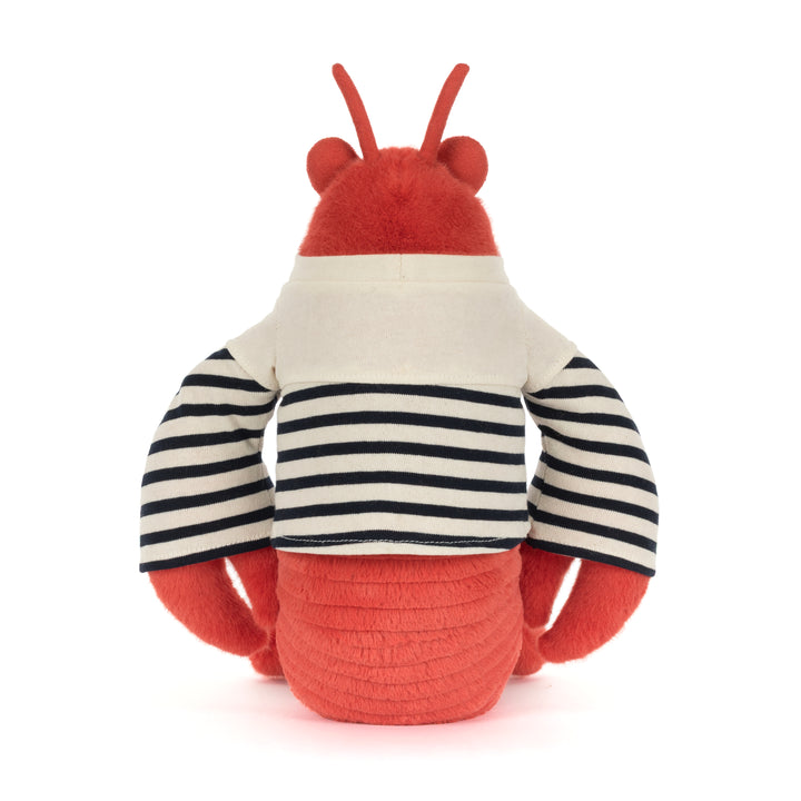 Jellycat Larry Lobster Sailor Outfit side view -- soft polyester and cotton lobster plush 11in, removable nautical costume, funny ocean animal gift for beach lovers