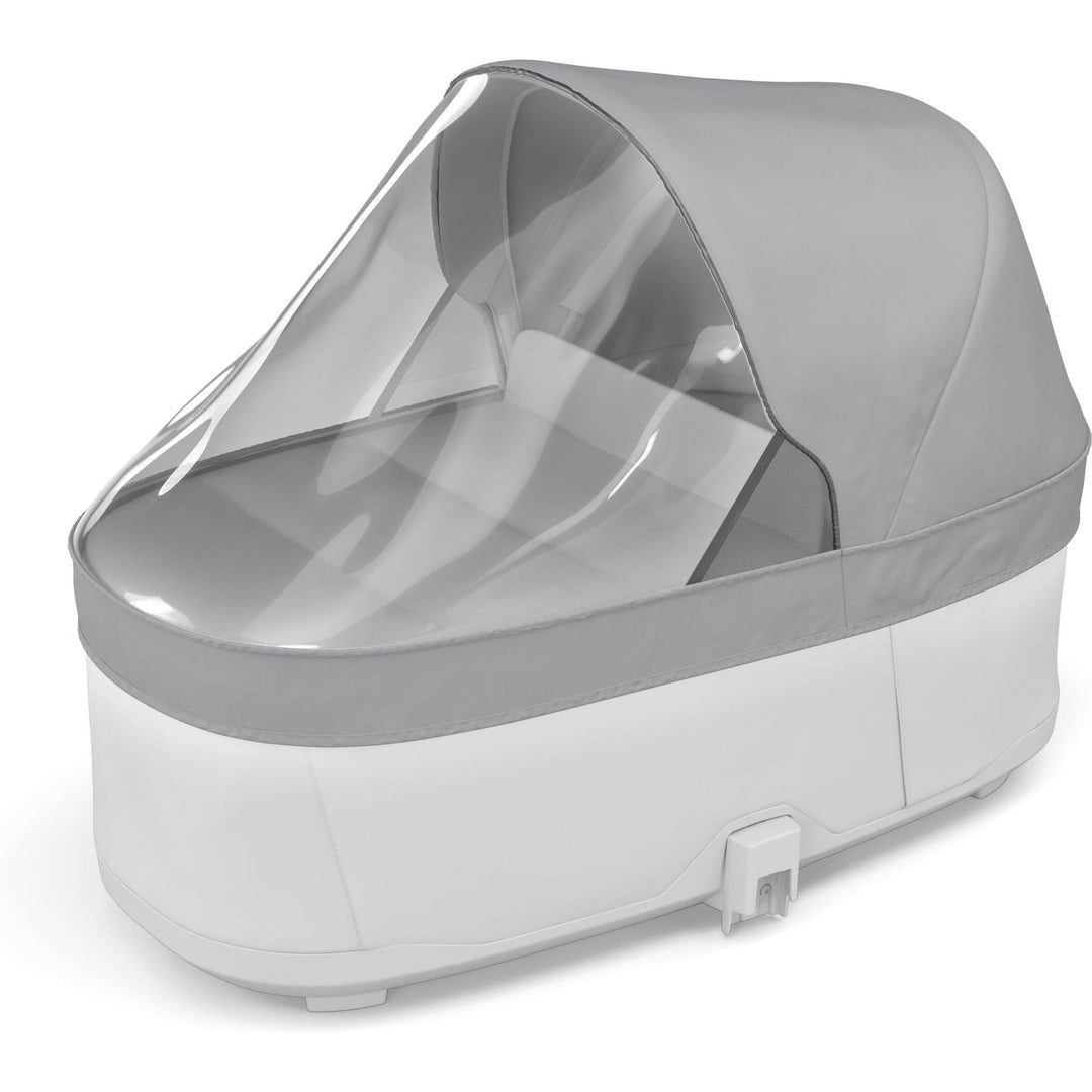 Bassinet rain cover for strollers: Thule Charm Bassinet Rain Cover installed, three-quarter view