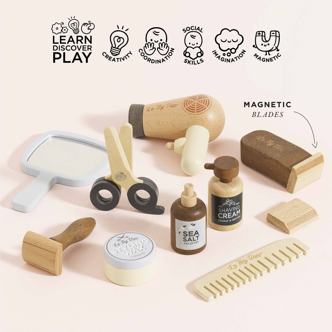 Le Toy Van Pretend Play Barber set encourages creativity and imagination