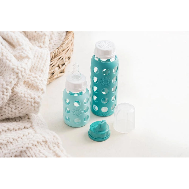 Lifefactory 6-glass bottle starter set glass bottle with protective silicone sleeve.