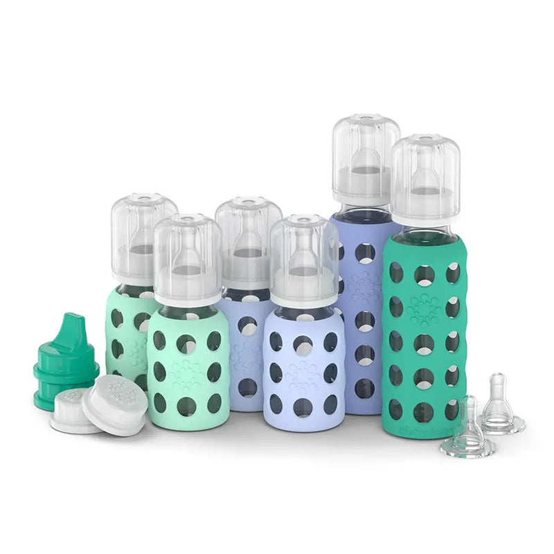 Lifefactory baby bottle starter 6-pack glass baby bottles in vibrant colors.