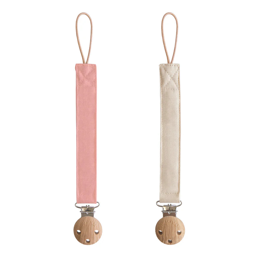 Sweet Dusty Rose & Shifting Sand Mushie Linen Pacifier Clips pack brings adorable pacifier clips for babies.