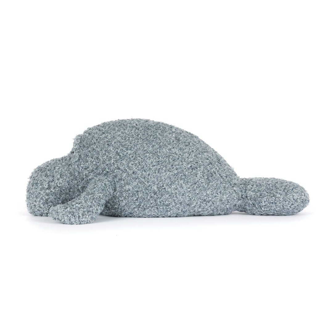 Jellycat Maffles Manatee close-up -- MAN2TEE short textured grey plush with hard eyes and PE bean filling, squishy manatee stuffed animal for marine life enthusiasts