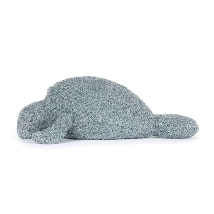 Jellycat Maffles Manatee close-up -- MAN2TEE short textured grey plush with hard eyes and PE bean filling, squishy manatee stuffed animal for marine life enthusiasts