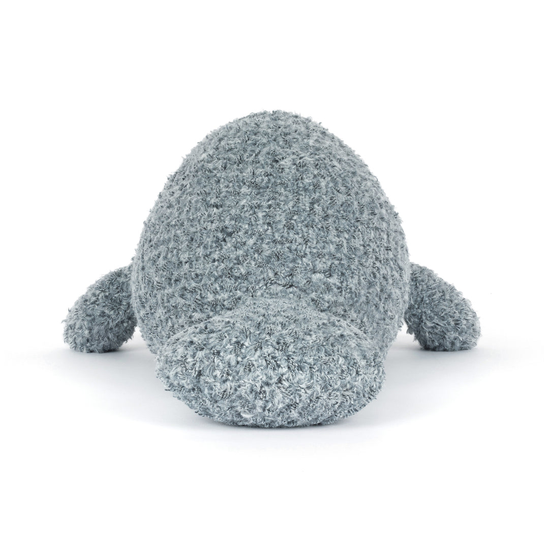 Jellycat Maffles Manatee side view -- soft plush sea cow stuffed animal 20.5in long, gentle ocean animal toy gift for kids and adults who love sea creatures