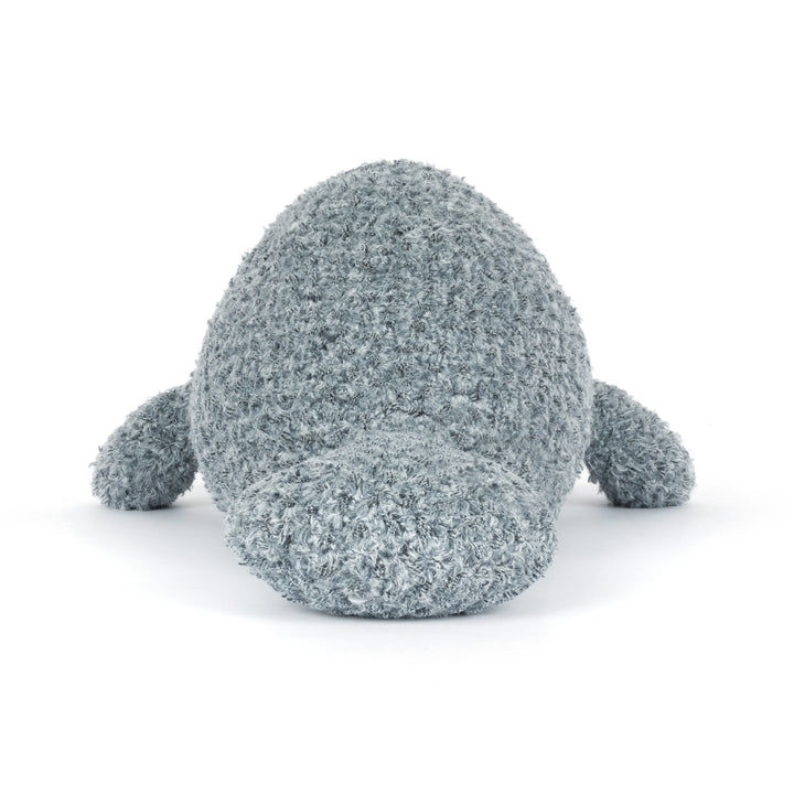 Jellycat Maffles Manatee side view -- soft plush sea cow stuffed animal 20.5in long, gentle ocean animal toy gift for kids and adults who love sea creatures
