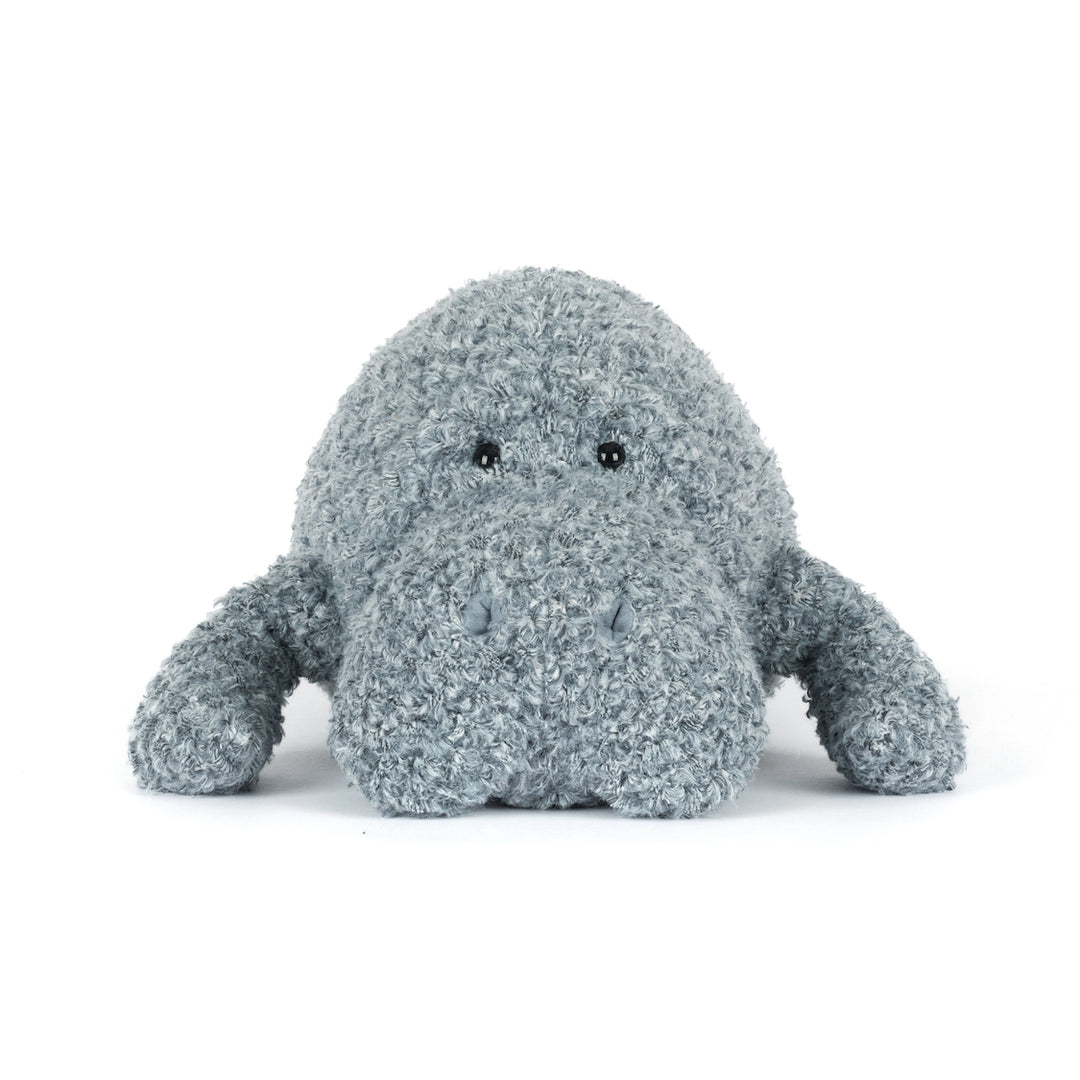 Jellycat MAN2TEE Maffles Manatee back view -- grey-blue textured plush manatee, High Summer 2026 ocean collection, huggable stuffed animal gift for display or cuddling
