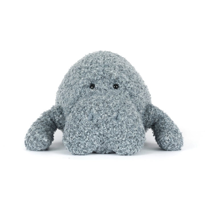 Jellycat MAN2TEE Maffles Manatee back view -- grey-blue textured plush manatee, High Summer 2026 ocean collection, huggable stuffed animal gift for display or cuddling