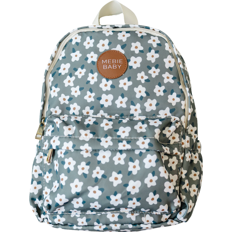 Mebie Baby Green Floral Mini Backpack displayed on a surface, a colorful mini backpack perfect for kids&