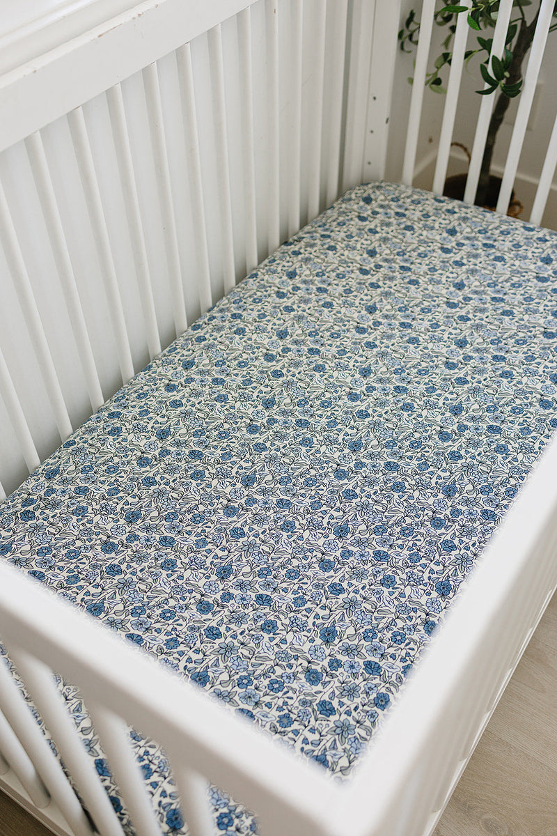 Mebie Baby Bluebell Pointelle Bamboo Stretch Crib Sheet provides gentle and stretchy crib bed sheets for infants.