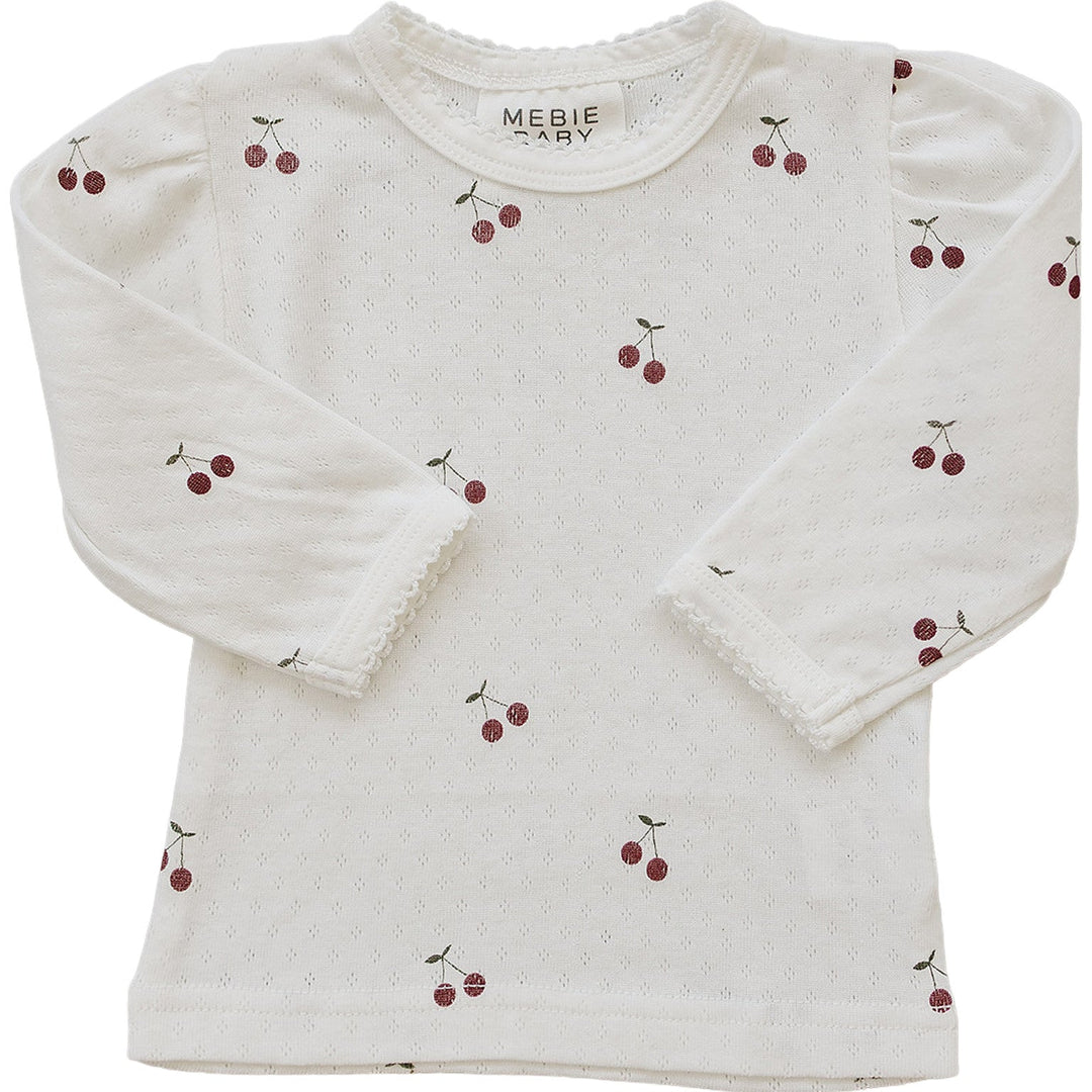 Mebie Baby Cherry Pointelle Long Sleeve Tee styled for cozy wear, a soft favorite in baby clothes